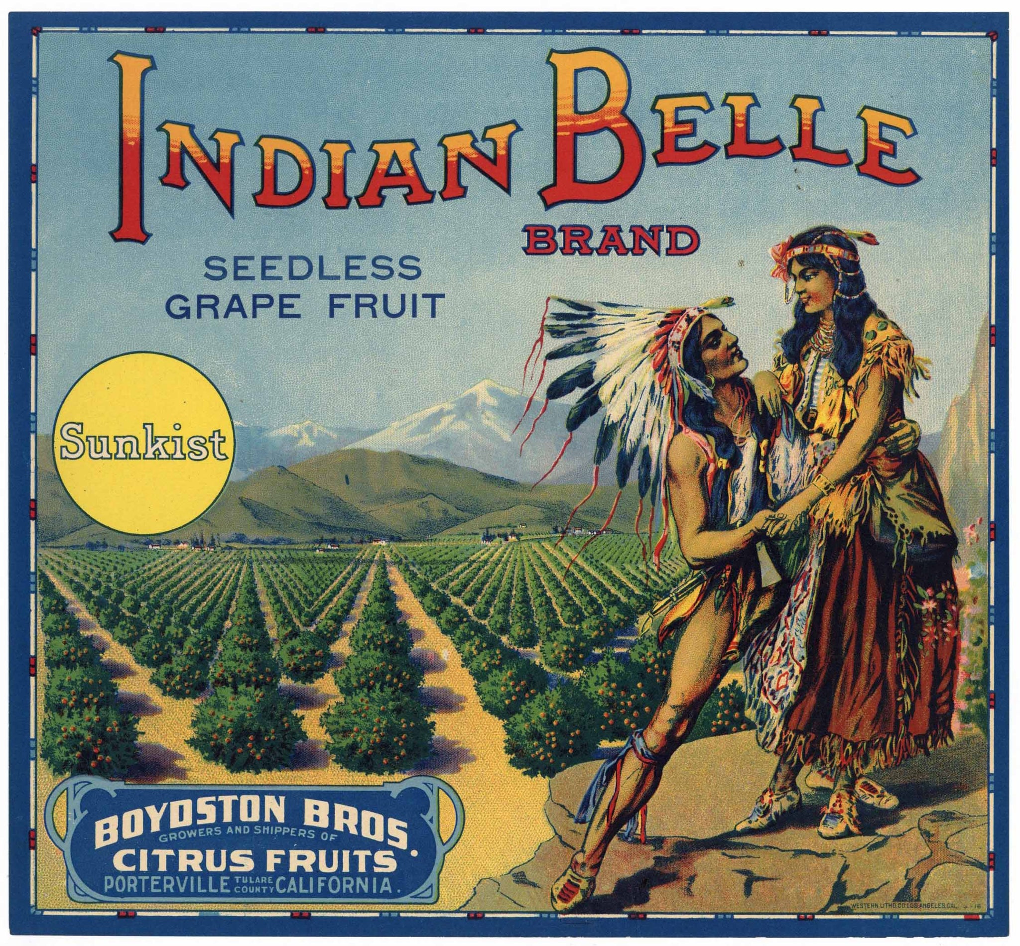 Indian Belle Brand Vintage Porterville Grapefruit Crate Label