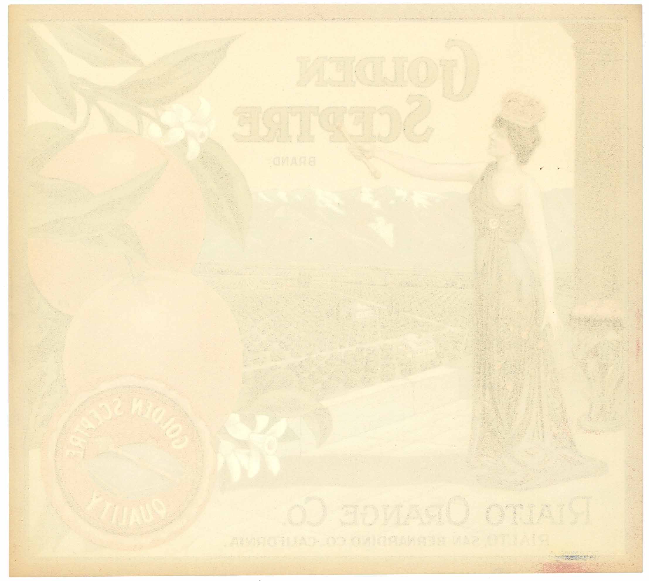 Golden Sceptre Brand Vintage Rialto Orange Crate Label, trimmed