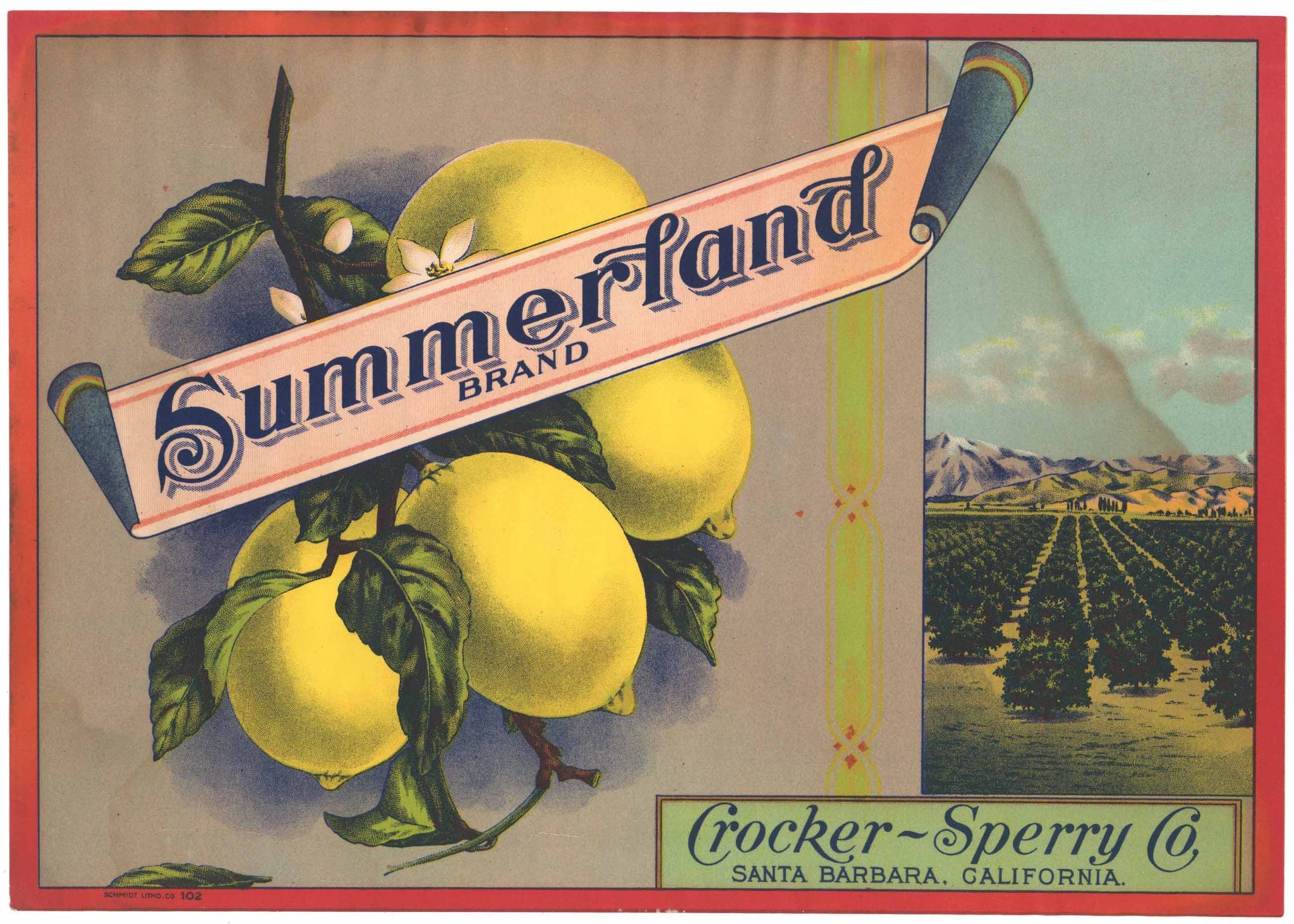 Summerland Brand Vintage Santa Barbara California Lemon Crate Label, wear