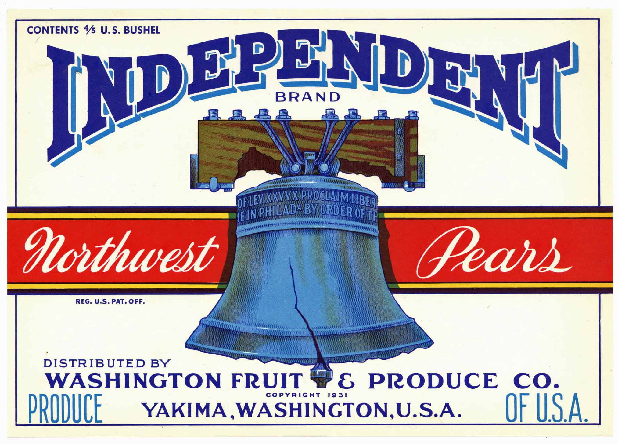 Independent Brand Vintage Yakima Pear Crate Label, Liberty Bell, white