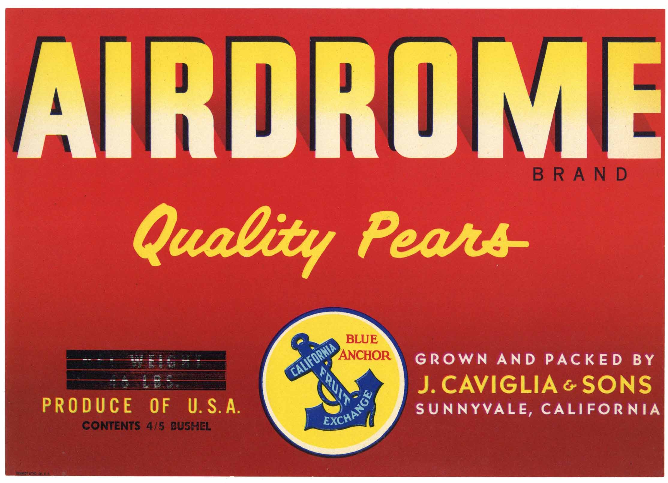 Airdrome Brand Vintage Sunnyvale California Pear Crate Label, red