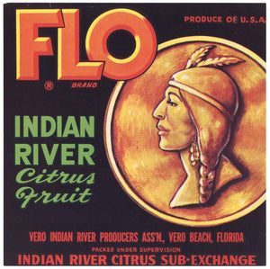 Flo Brand Vintage Vero Beach Florida Citrus Crate Label, 8x8