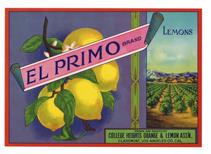 El Primo Brand Vintage Claremont Lemon Crate Label