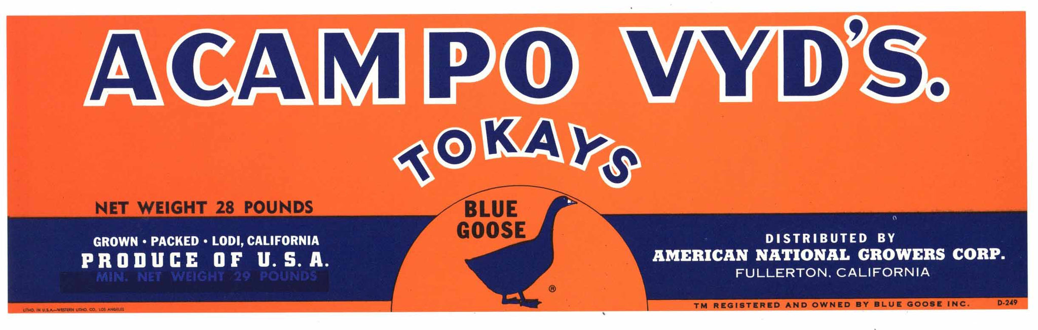 Acampo Vyd's Brand Vintage Lodi Tokay Grape Crate Label
