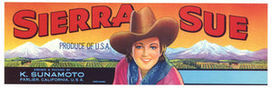 Sierra Sue Brand Vintage Fruit Crate Label, cowgirl