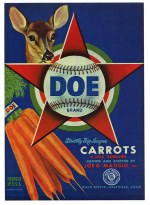 Doe Brand Vintage Carrot Crate Label, baseball