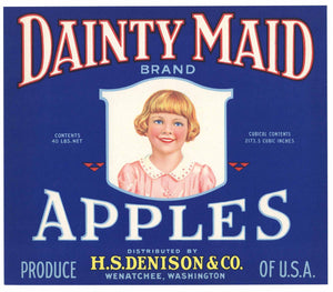 Dainty Maid Brand Vintage Wenatchee Washington Apple Crate Label, blue, o