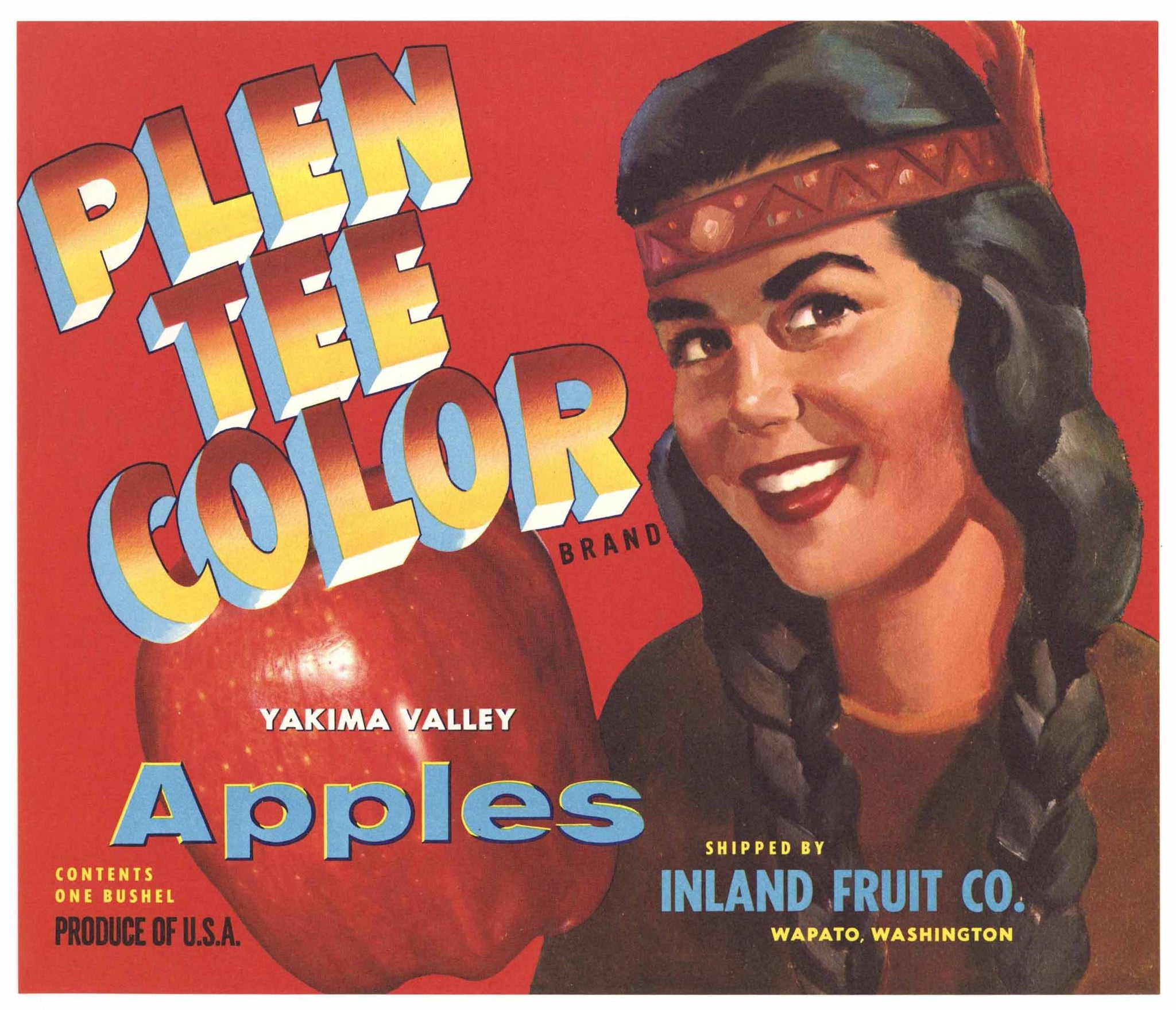 Plen Tee Color Brand Vintage Wapato Washington Apple Crate Label, red
