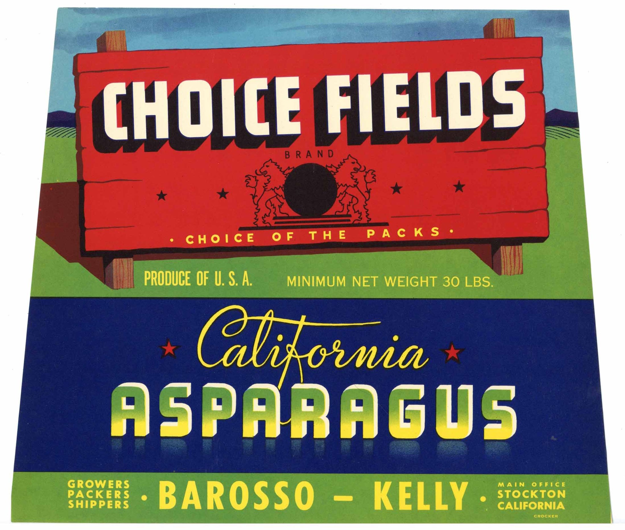 Choice Fields Brand Vintage Asparagus Crate Label