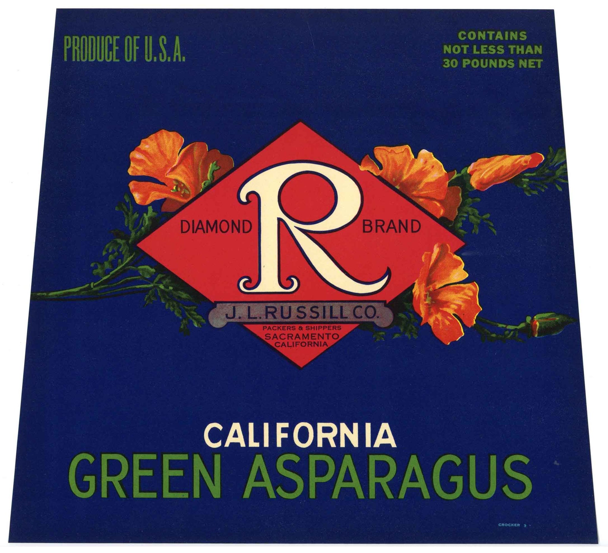 Diamond R Brand Vintage Sacramento Asparagus Crate Label