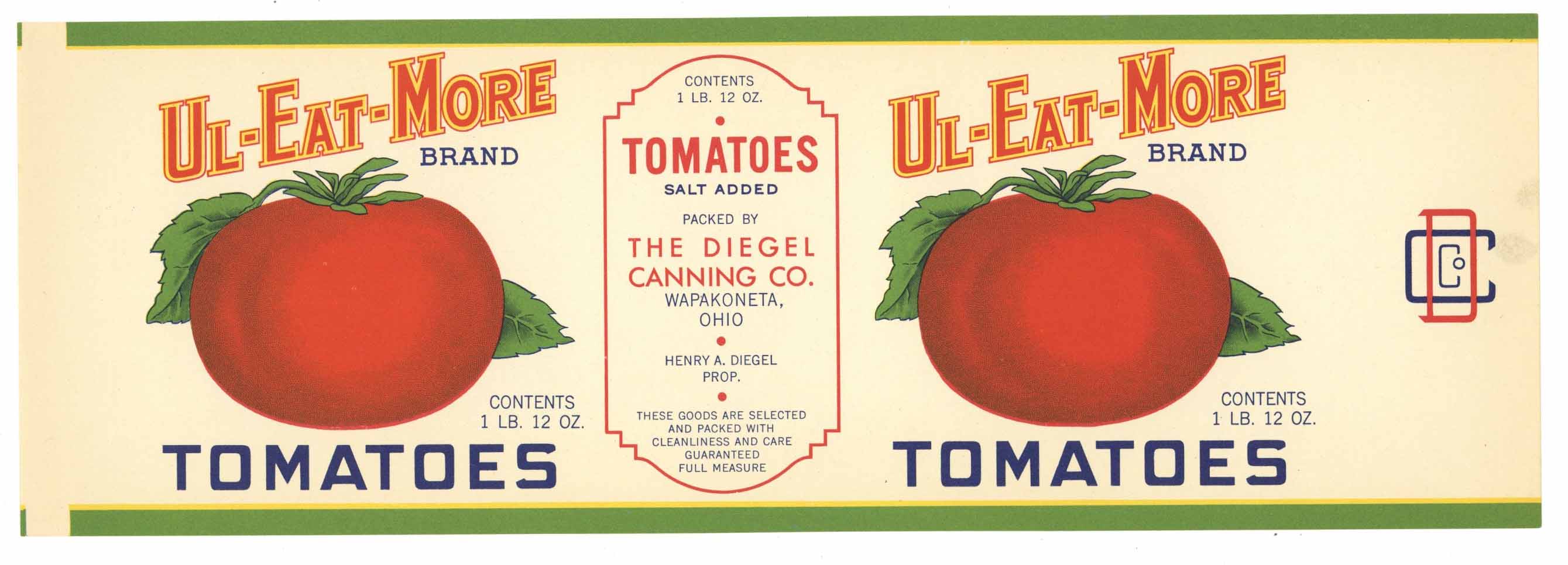 Ul Eat More Brand Vintage Wapakoneta Ohio Tomato Can Label