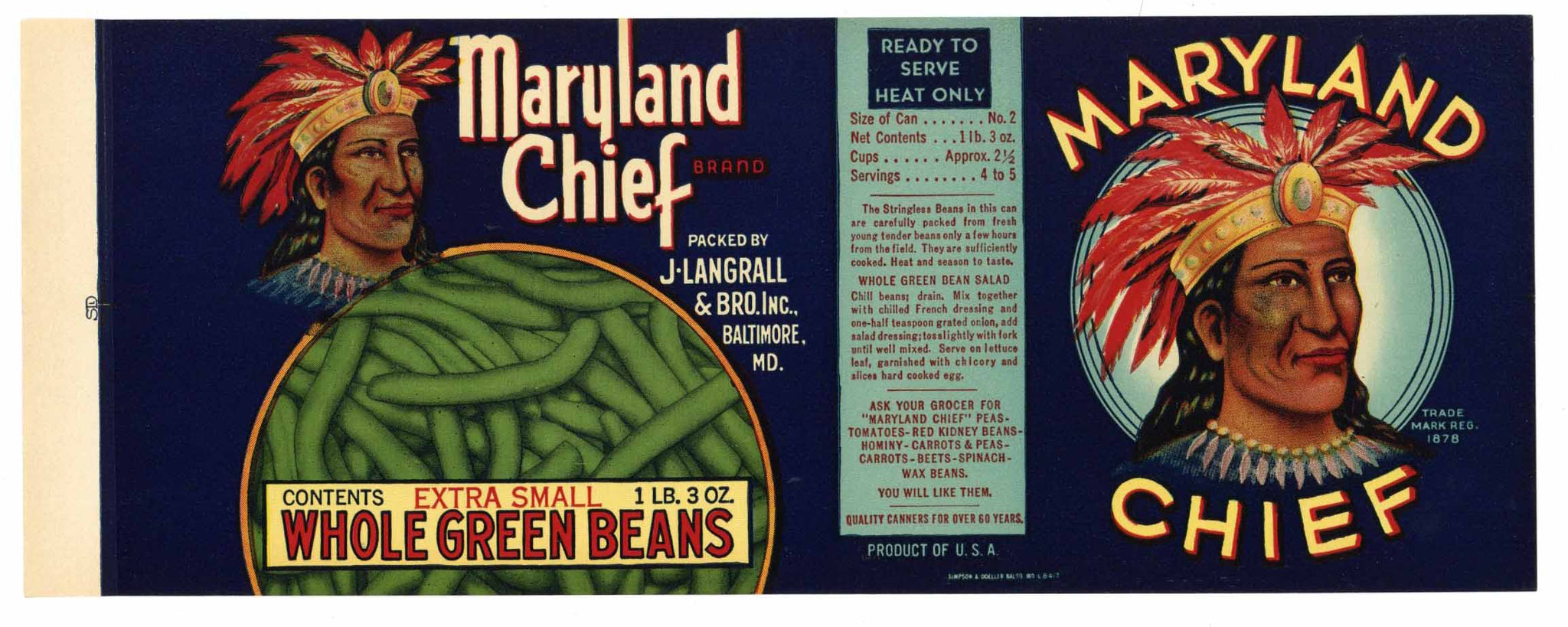 Maryland Chief Brand Vintage Bean Can Label, Maryland