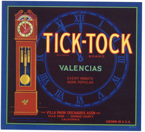 Tick-Tock Brand Vintage Villa Park Orange Crate Label
