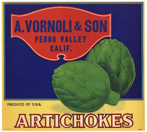 A. Vornoli & Son Brand Vintage Pedro Valley California Artichoke Crate Label