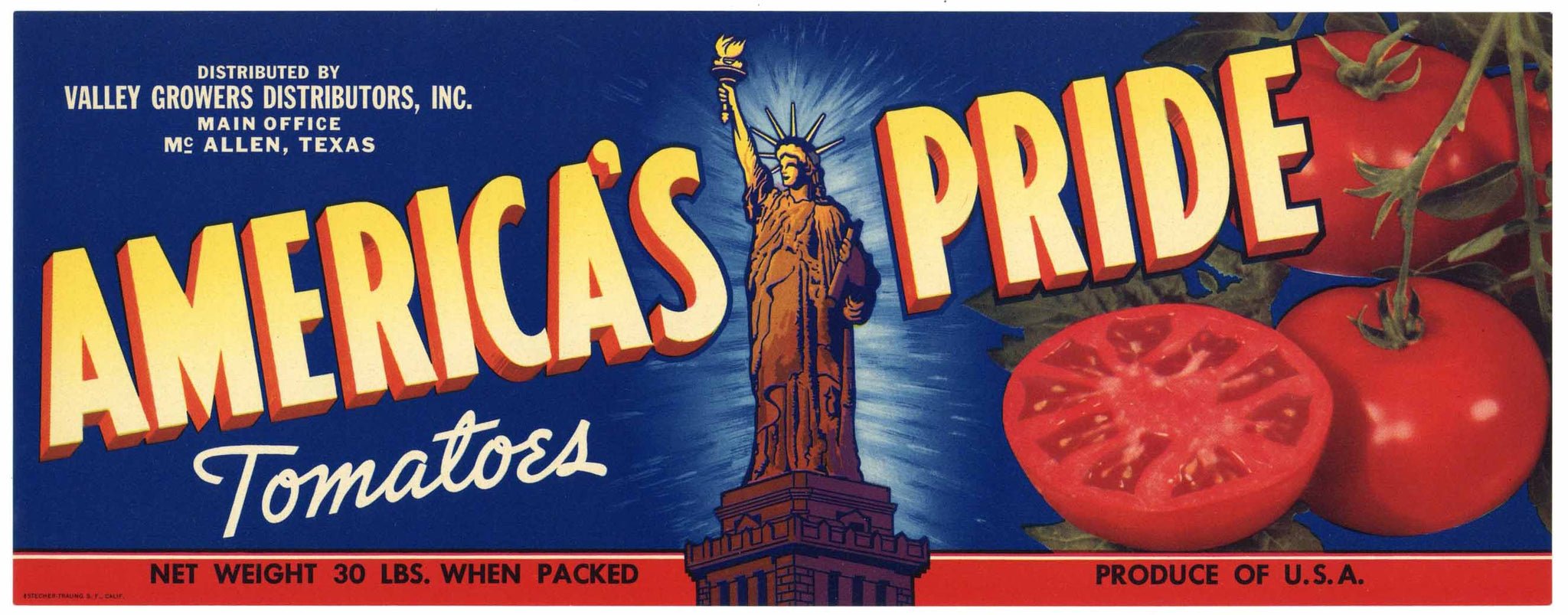 America's Pride Brand Vintage McAllen Texas Tomato Crate Label