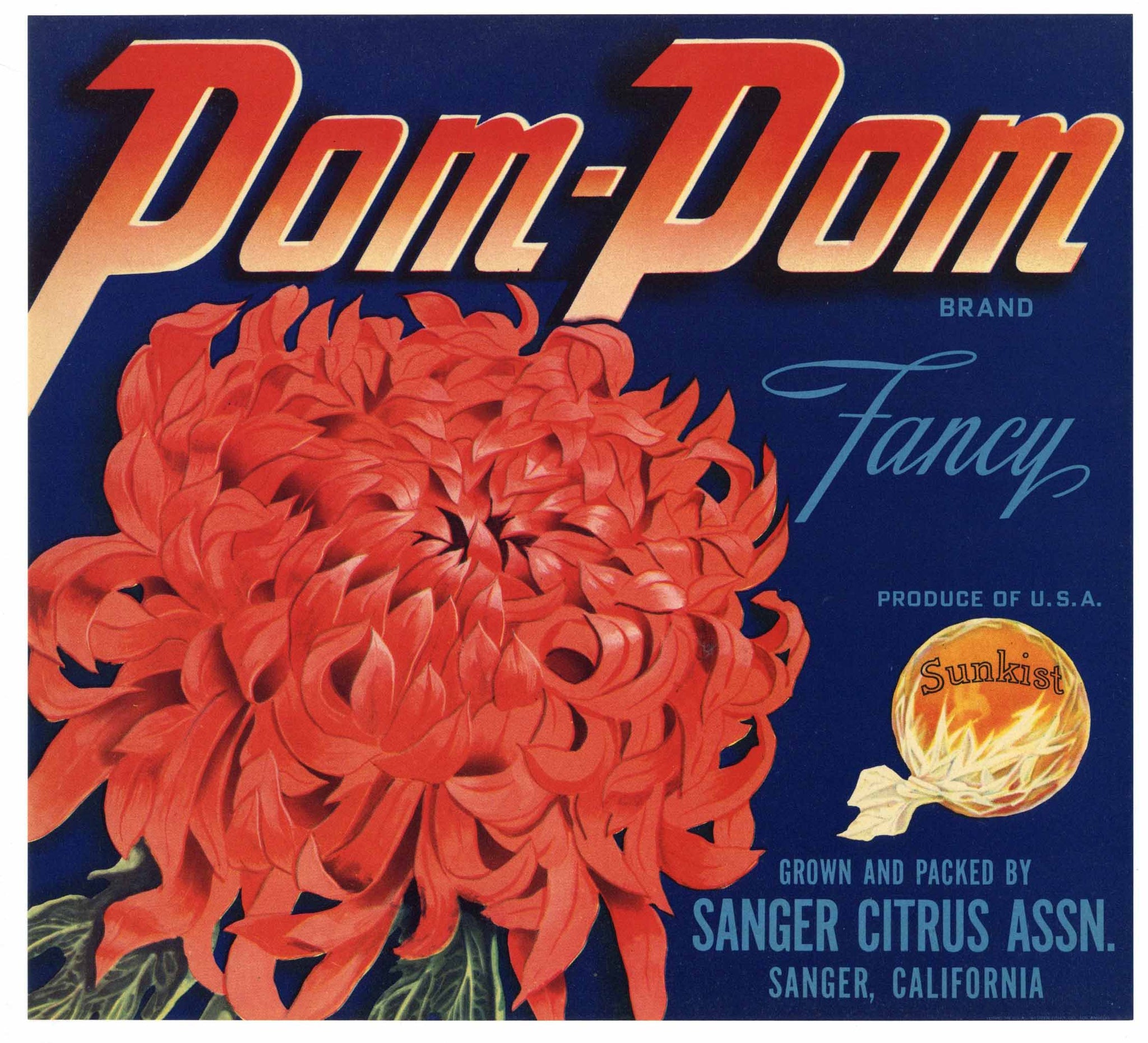 Pom Pom Brand Vintage Sanger Orange Crate Label