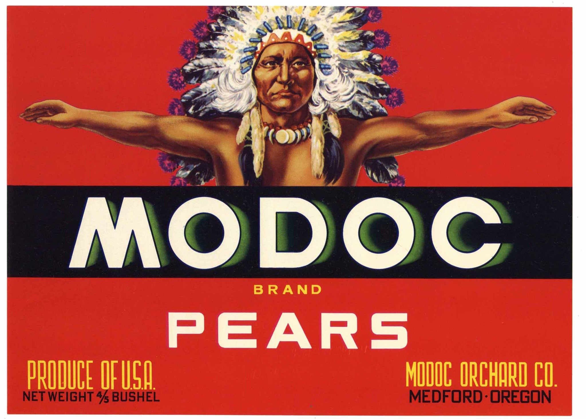 Modoc Brand Vintage Medford Oregon Pear Crate Label, red