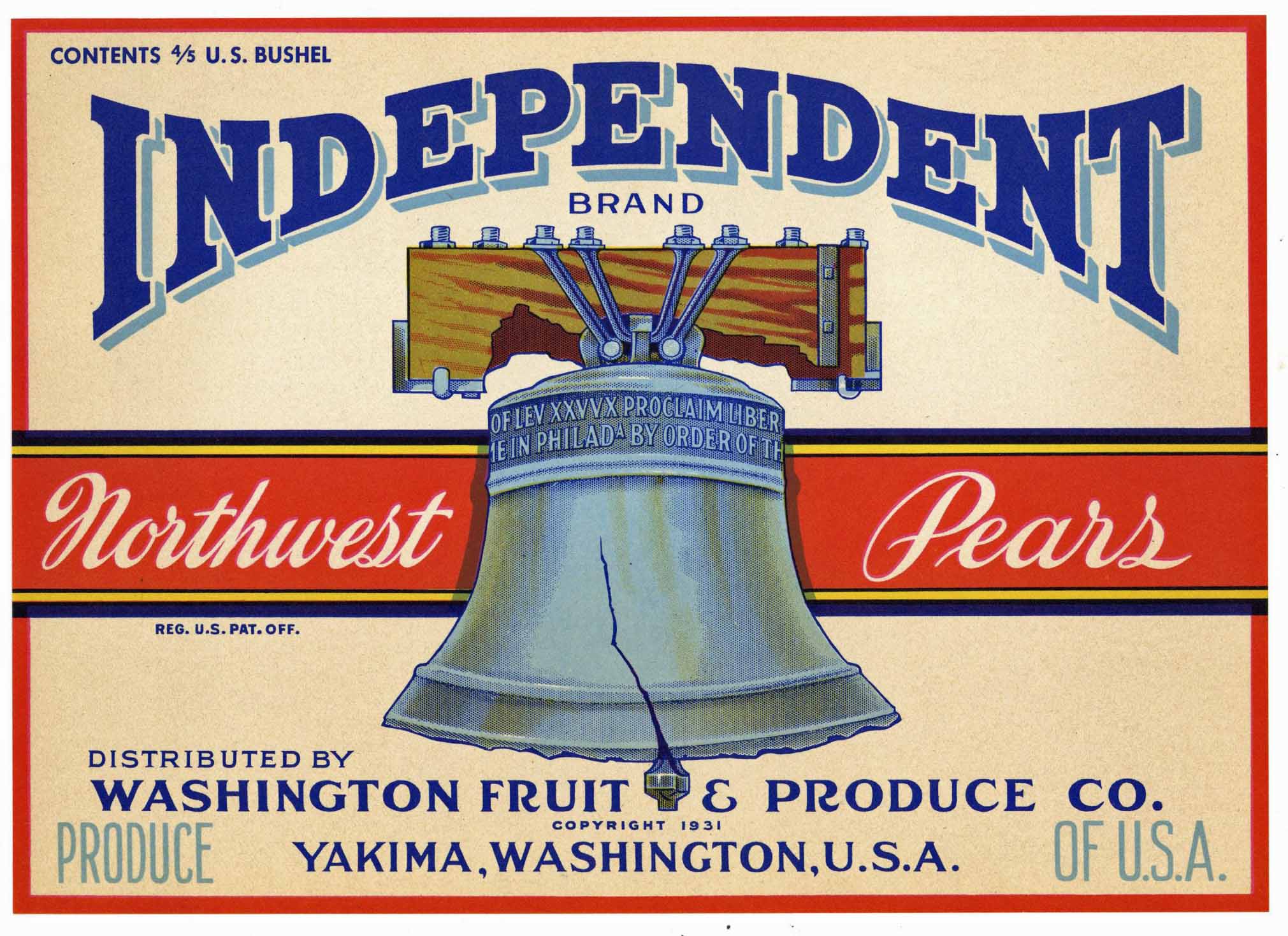 Independent Brand Vintage Yakima Pear Crate Label, Liberty Bell, white, red trim