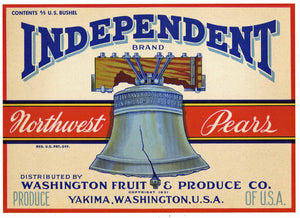 Independent Brand Vintage Yakima Pear Crate Label, Liberty Bell, white, red trim