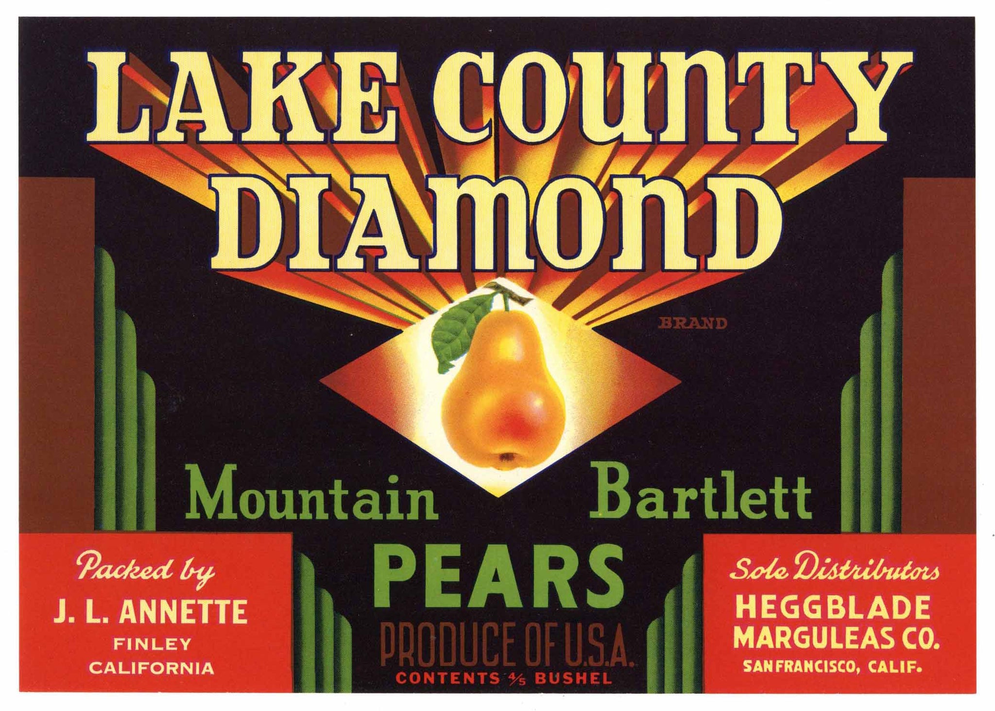 Lake County Diamond Brand Vintage Finley Pear Crate Label