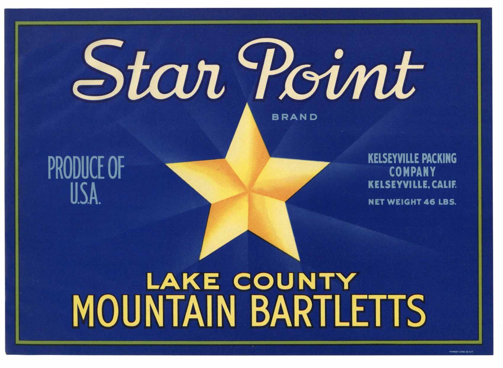 Star Point Brand Vintage Lake County California Pear Crate Label, older