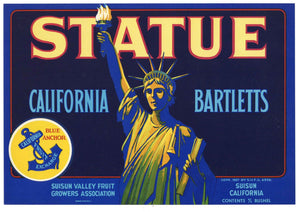 Statue Brand Vintage Suisun Pear Crate Label