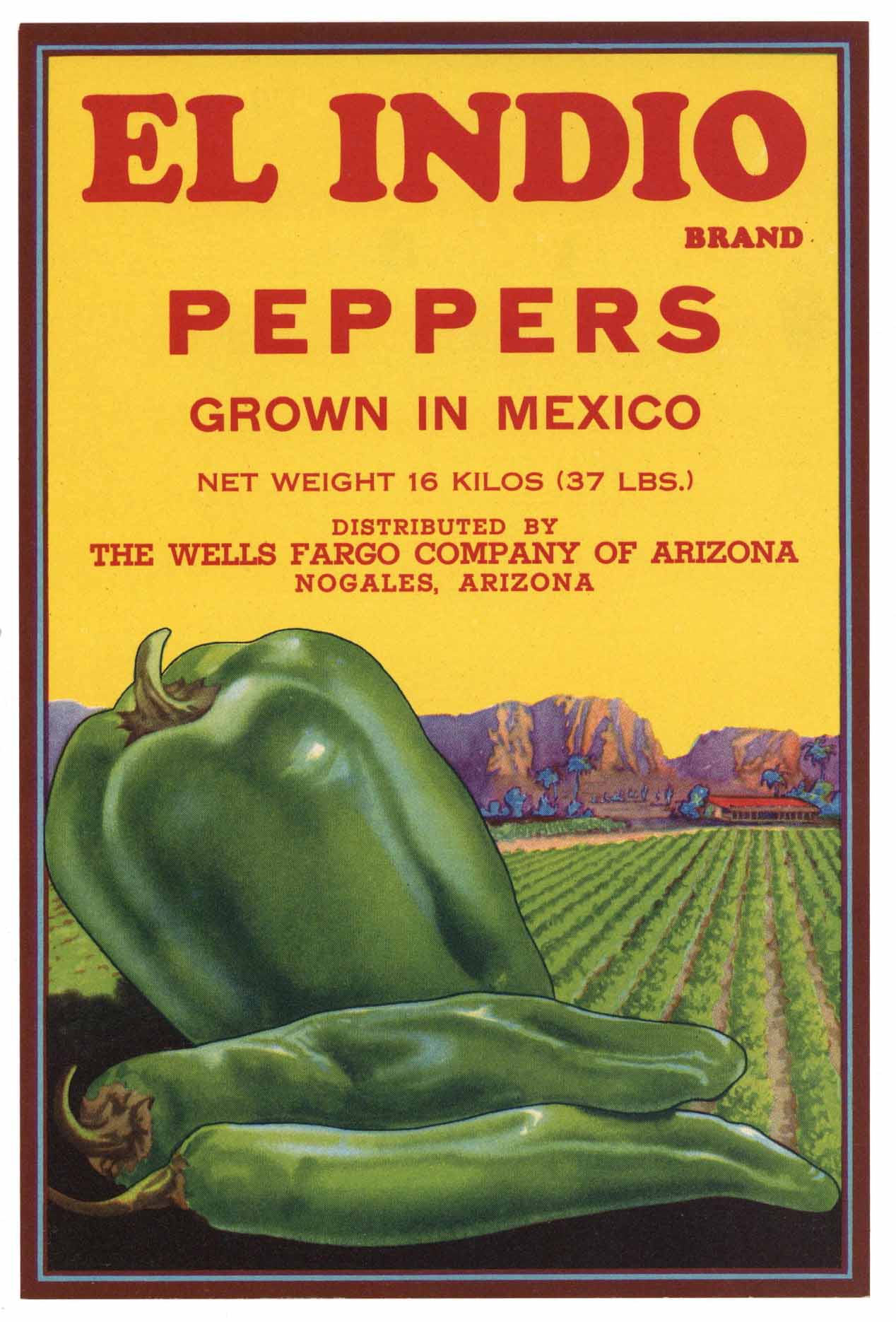 El Indio Brand Vintage Vegetable Crate Label, Pepper