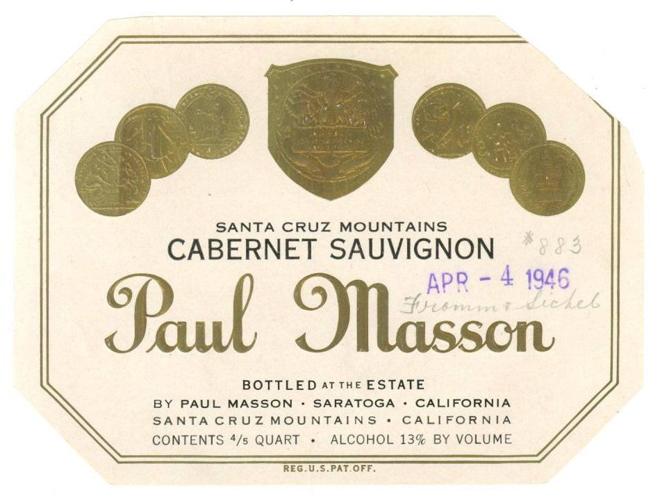 Paul Masson Brand Vintage Saratoga Cabernet Sauvignon Wine Bottle Label