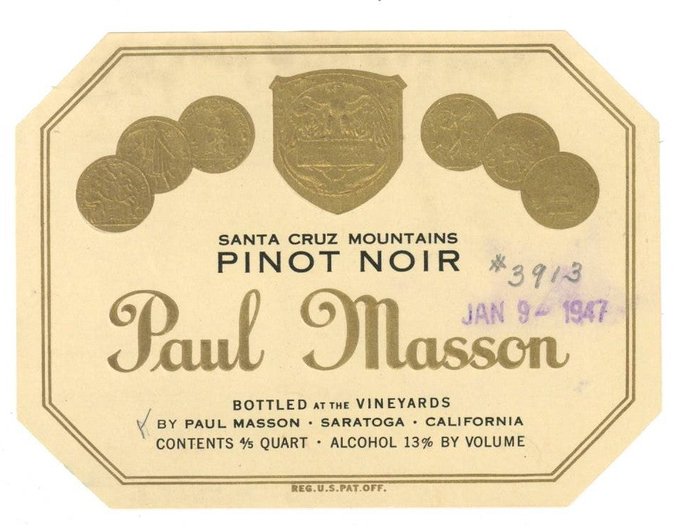 Paul Masson Brand Vintage Saratoga Pino Noir Wine Bottle Label