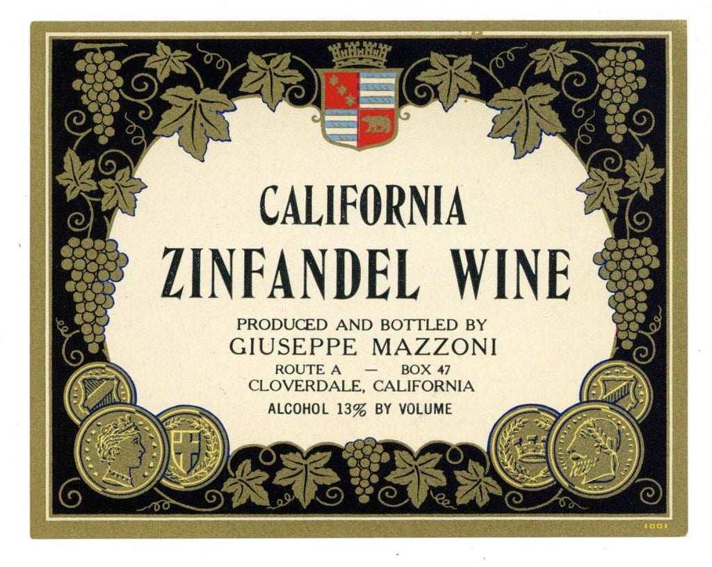 California Zinfandel Wine Vintage Cloverdale California Wine Bottle Label