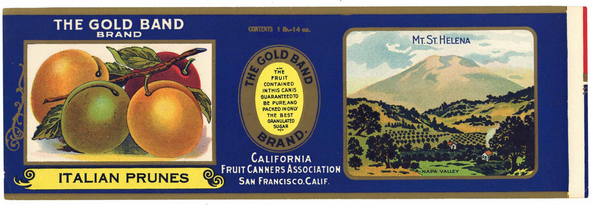 The Gold Band Brand Vintage Napa Valley Italian Prunes Can Label