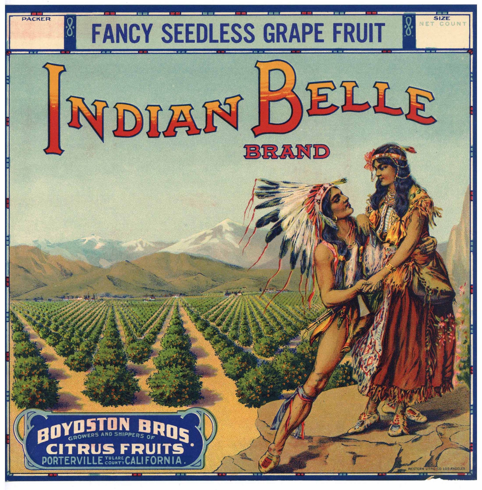 Indian Belle Brand Vintage Porterville Grapefruit Crate Label, t