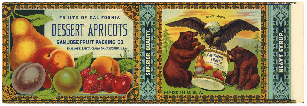Fruits Of California Brand Vintage San Jose Dessert Apricots Can Label