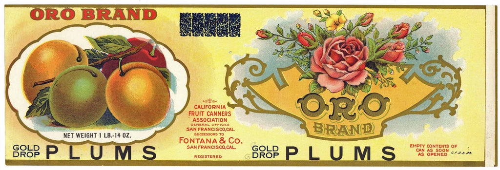Oro Brand Vintage Gold Drop Plums Can Label