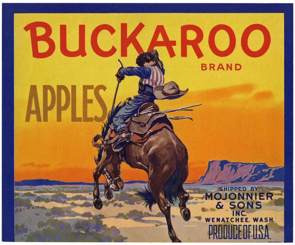 Buckaroo Brand Vintage Wenatchee Washington Apple Crate Label, trimmed