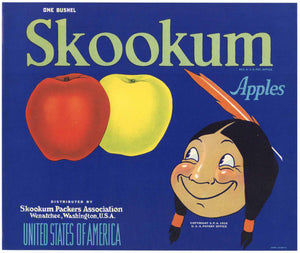 Skookum Brand Vintage Washington Apple Crate Label, two apples