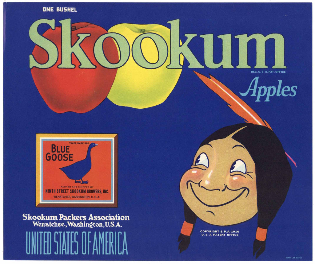 Skookum Brand Vintage Washington Apple Crate Label, blue goose