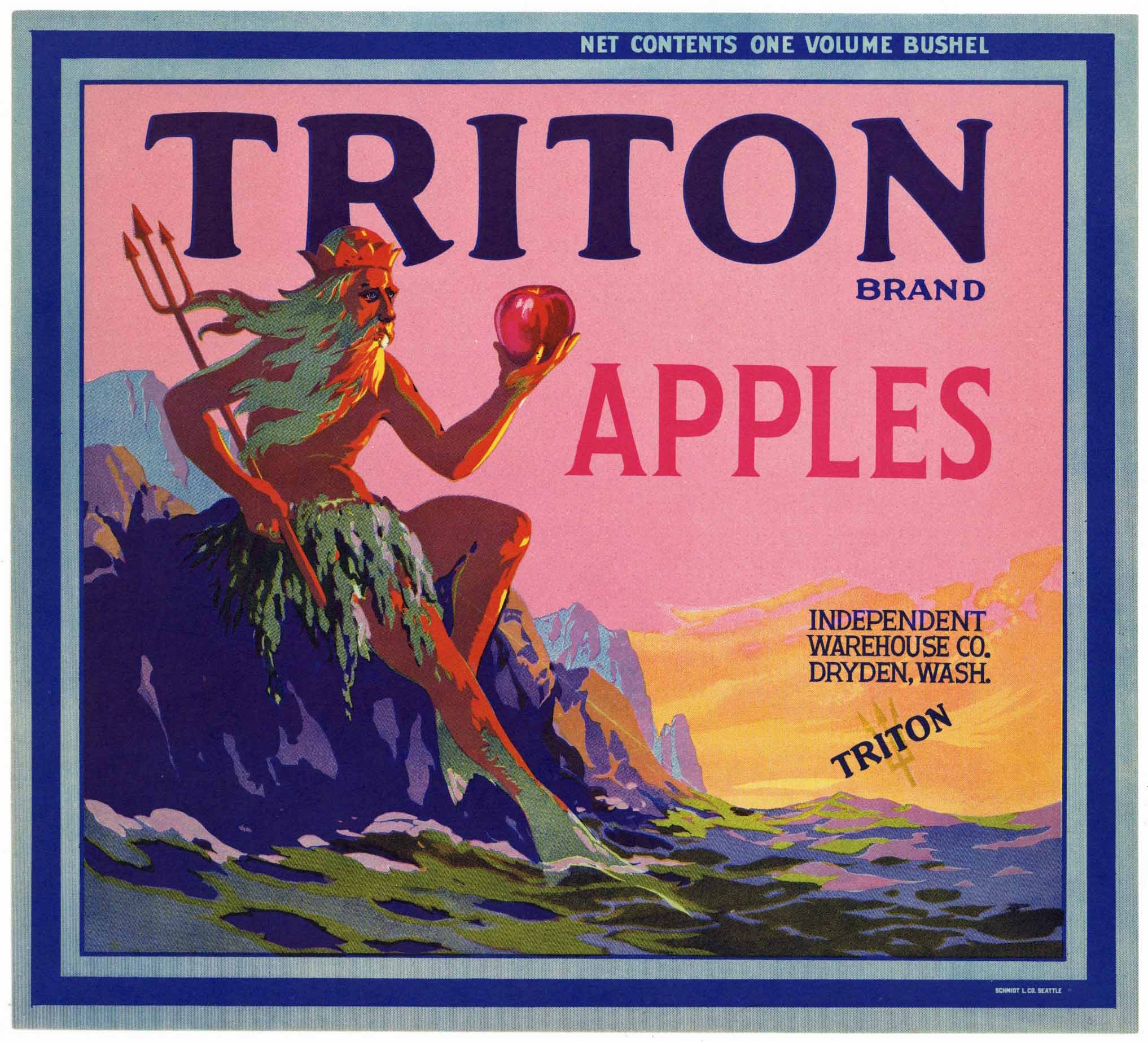 Triton Brand Vintage Seattle Washington Apple Crate Label, pink