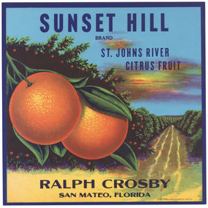 Sunset Hill Brand Vintage San Mateo Florida Citrus Crate Label