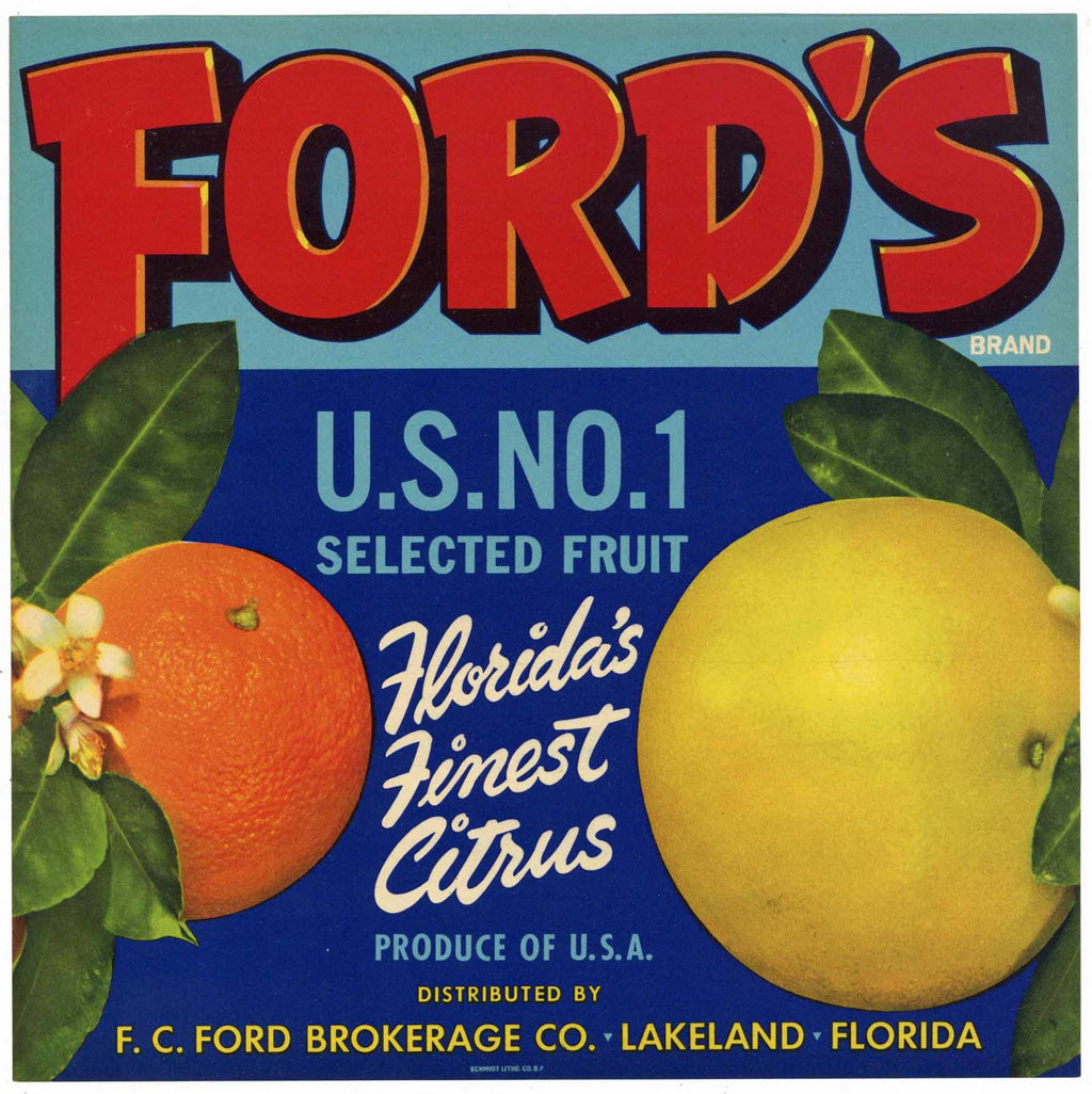 Ford's Brand Vintage Lakeland Florida Citrus Crate Label