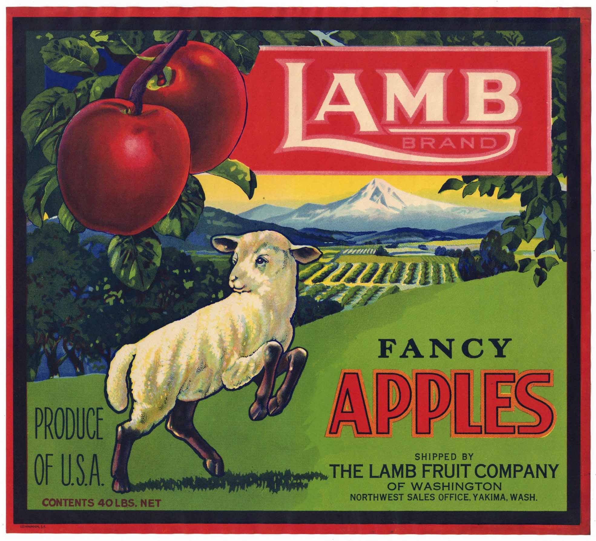 Lamb Brand Vintage Yakima Washington Apple Crate Label, red
