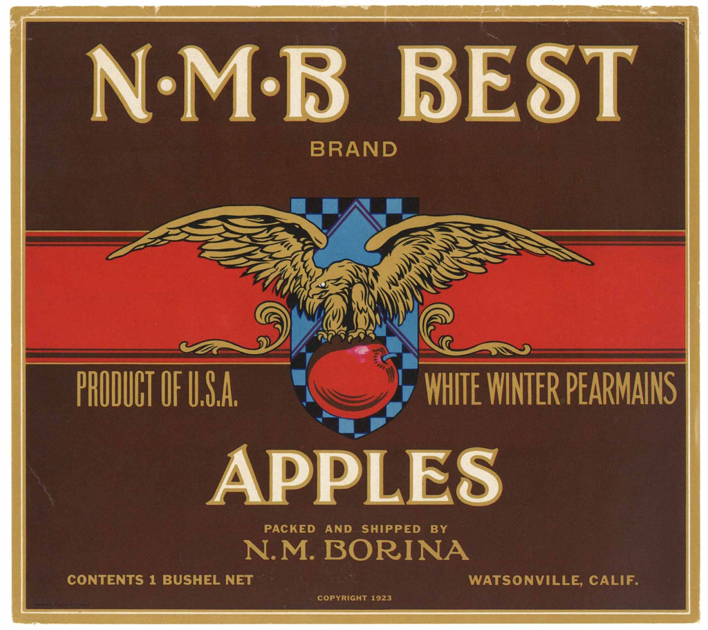 N M B Best Brand Vintage Watsonville Apple Crate Label, White Winter Pearmains