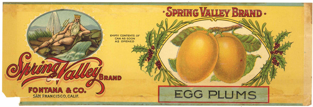 Spring Valley Brand Vintage Egg Plums Can Label