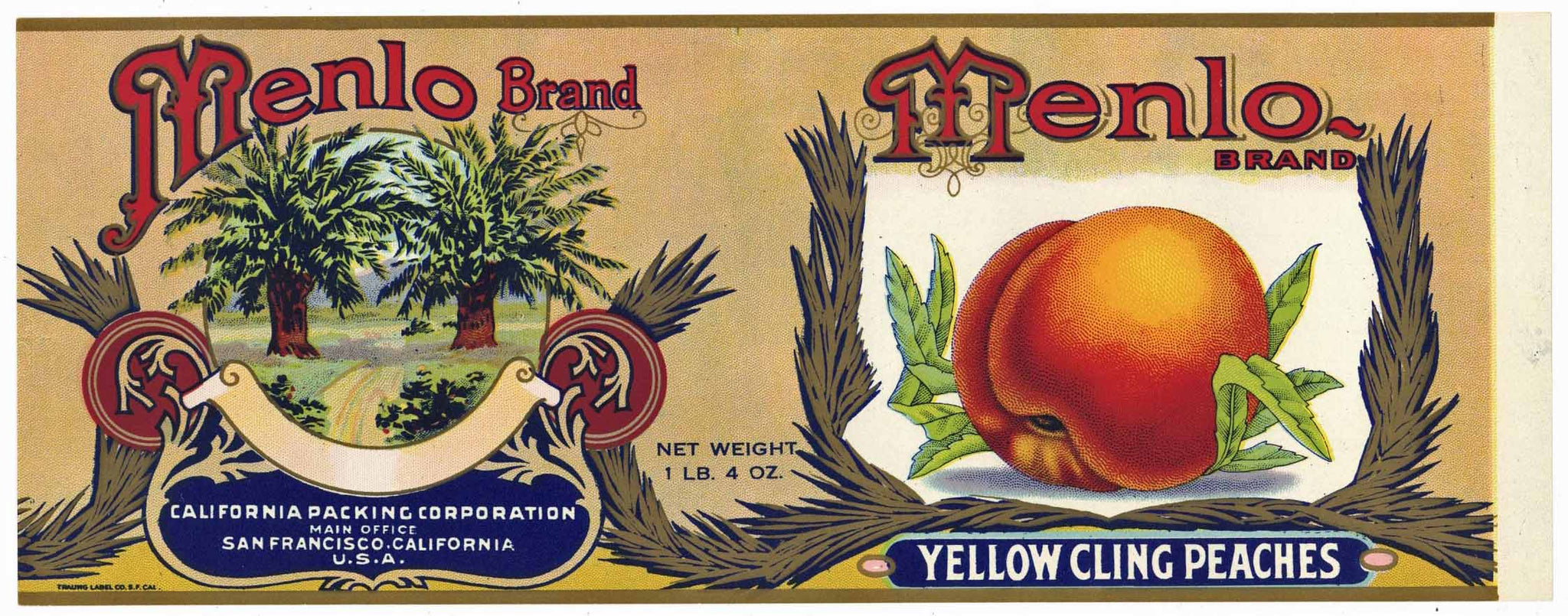 Menlo Brand Vintage Yellow Cling Peaches Can Label