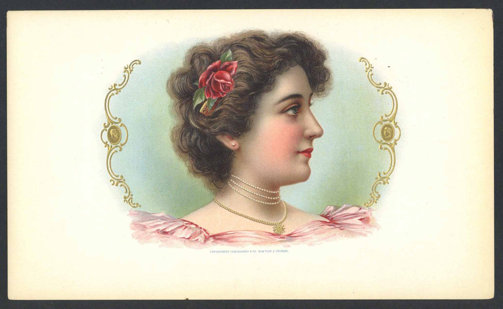 Stock Inner Cigar Box Label, woman with flower in hair