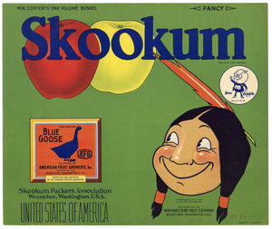 Skookum Brand Vintage Washington Apple Crate Label, Blue Goose, Doc Apples, green