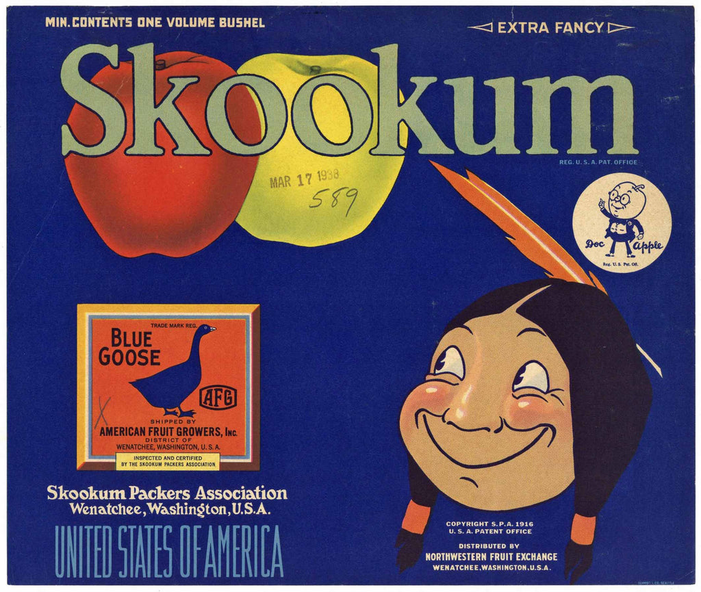 Skookum Brand Vintage Washington Apple Crate Label, Blue Goose, Blue, Doc Apples