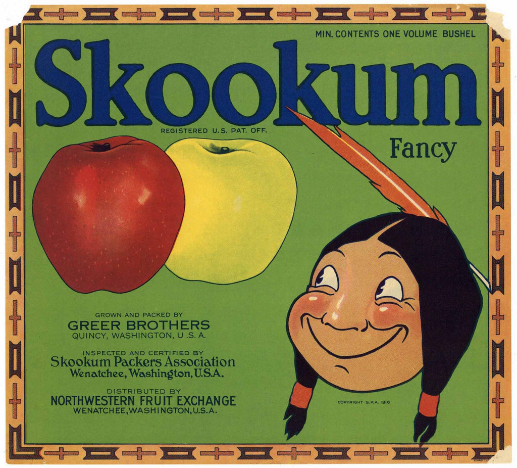 Skookum Brand Vintage Washington Apple Crate Label, green, two apples