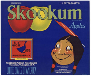 Skookum Brand Vintage Washington Apple Crate Label, Blue Goose, Blue