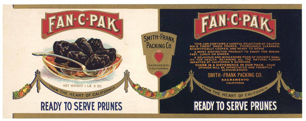 Fan-C-Pak Brand Vintage Sacramento California Prune Can Label